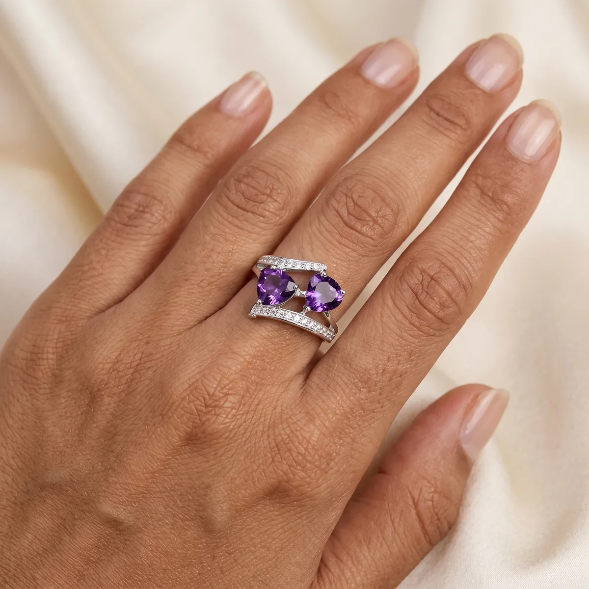 Amora Twin Heart Amethyst Ring - view 2